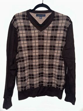Tommy Hilfiger Men's Brown and Tan Plaid V-Neck Sweater